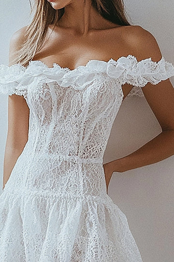 White A Line Off The Shoulder Ruffles Lace Short Graduation Dress